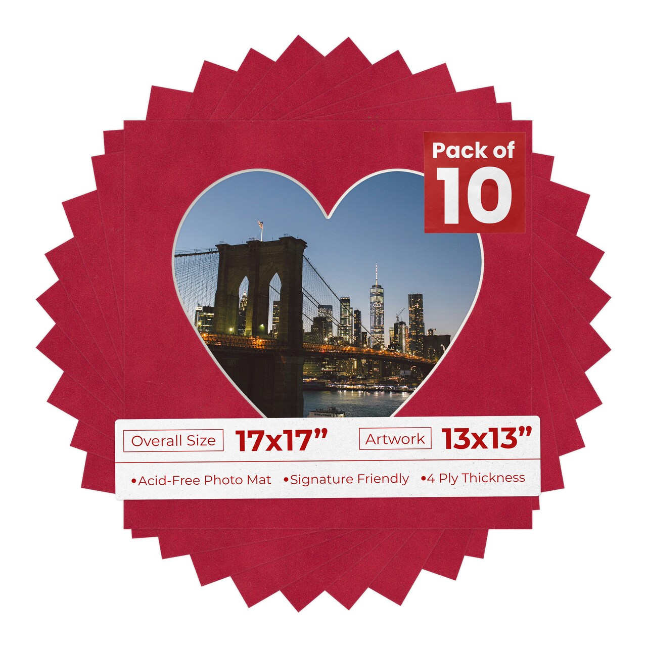 Red Suede Mat Board for 17x17 Frames - Heart Opening for 13x13 Photos